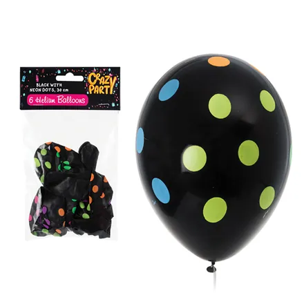 BALLOONS HELIUM 6PC BLACK/DOTS F-01